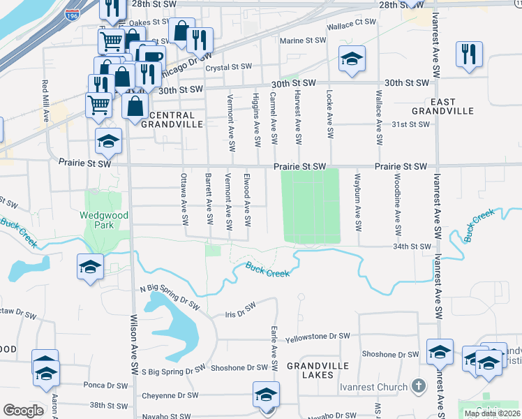 map of restaurants, bars, coffee shops, grocery stores, and more near 3660 Edgewood Street Southwest in Grandville