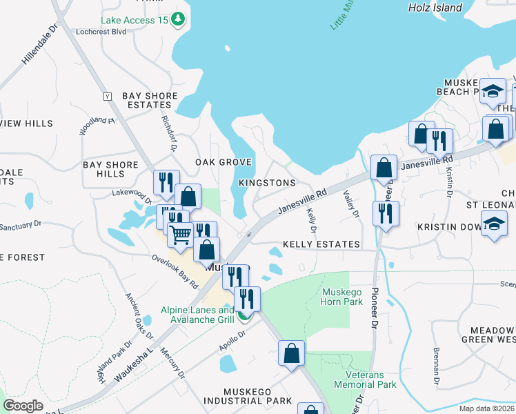 map of restaurants, bars, coffee shops, grocery stores, and more near W186S7748 Lincoln Drive in Muskego