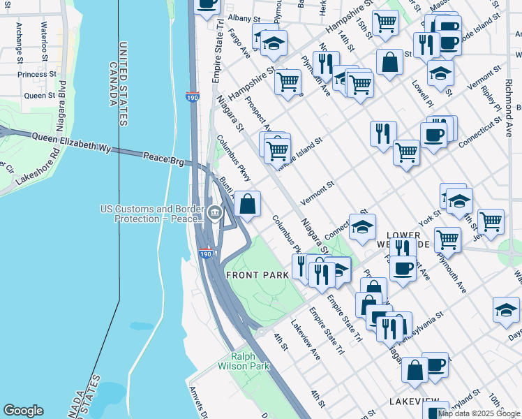 map of restaurants, bars, coffee shops, grocery stores, and more near 768 Columbus Parkway in Buffalo