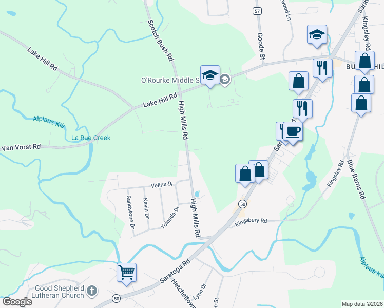 map of restaurants, bars, coffee shops, grocery stores, and more near 42 High Mills Scotch Bush Road in Schenectady County
