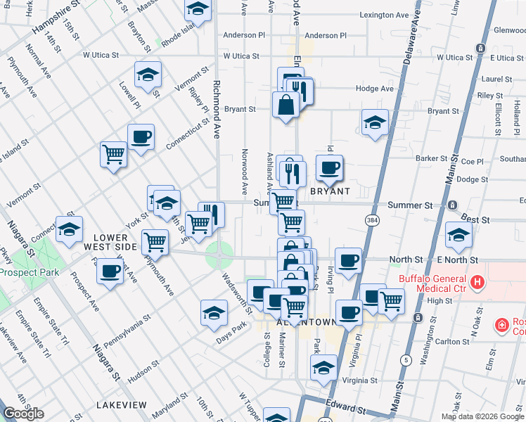 map of restaurants, bars, coffee shops, grocery stores, and more near 282 Summer St in Buffalo