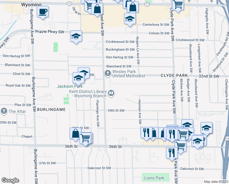 map of restaurants, bars, coffee shops, grocery stores, and more near 1131 33rd Street Southwest in Wyoming