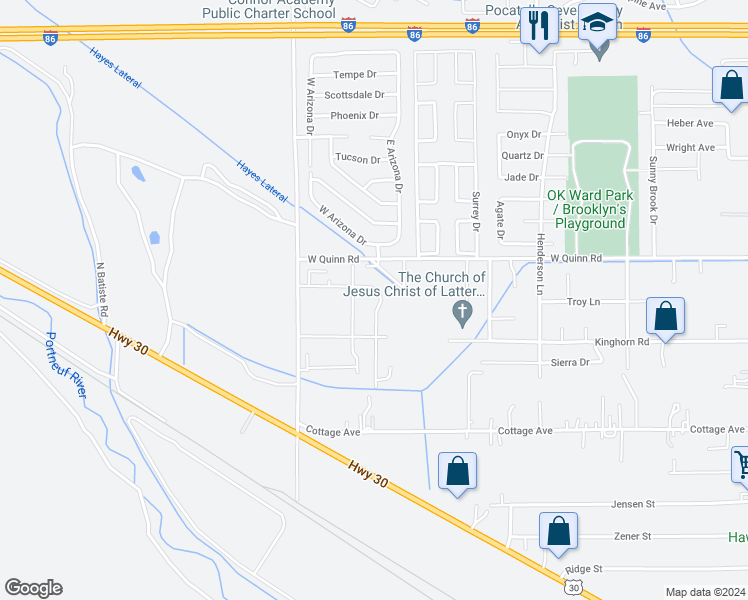 map of restaurants, bars, coffee shops, grocery stores, and more near 1831 Brock Drive in Pocatello