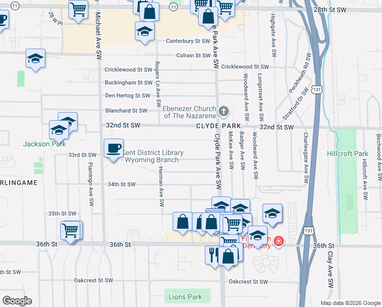 map of restaurants, bars, coffee shops, grocery stores, and more near 863 33rd St SW in Wyoming