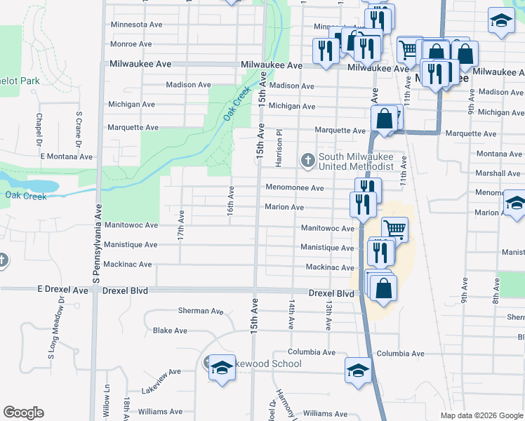 map of restaurants, bars, coffee shops, grocery stores, and more near 1435 Marion Avenue in South Milwaukee
