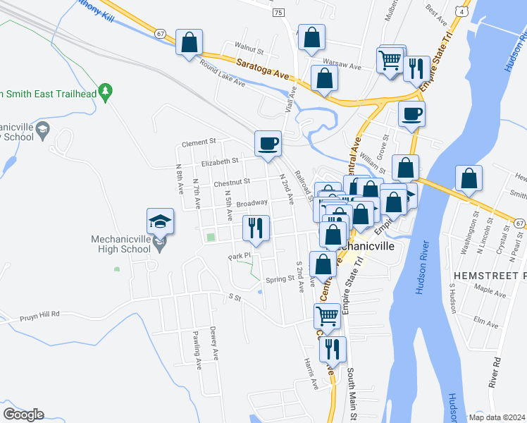 map of restaurants, bars, coffee shops, grocery stores, and more near 511 Broadway in Mechanicville
