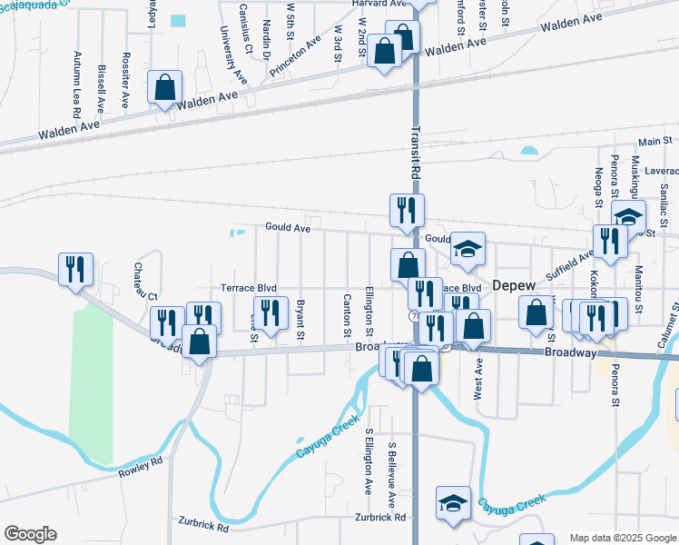 map of restaurants, bars, coffee shops, grocery stores, and more near 316 Canton Street in Depew