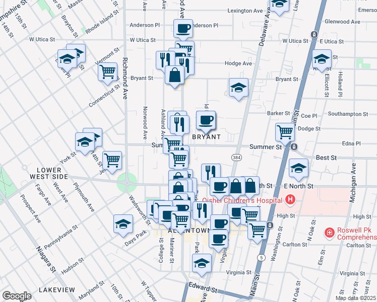 map of restaurants, bars, coffee shops, grocery stores, and more near 200 Summer Street in Buffalo