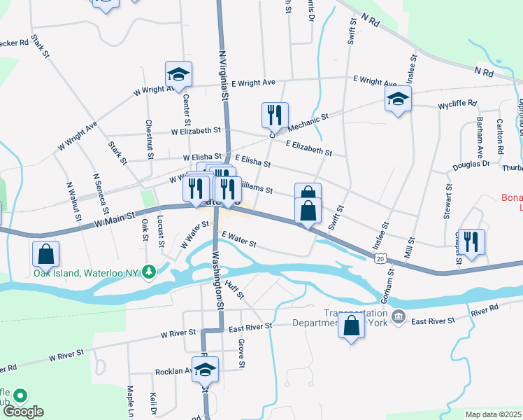 map of restaurants, bars, coffee shops, grocery stores, and more near 105 East Main Street in Waterloo