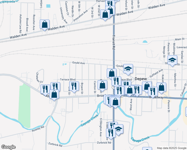 map of restaurants, bars, coffee shops, grocery stores, and more near 316 Canton Street in Depew