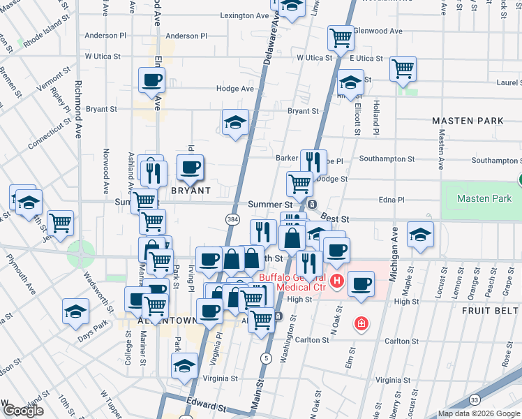 map of restaurants, bars, coffee shops, grocery stores, and more near 66 Summer Street in Buffalo