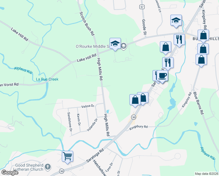 map of restaurants, bars, coffee shops, grocery stores, and more near 42 High Mills Scotch Bush Road in Schenectady County