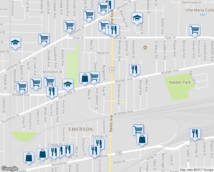 map of restaurants, bars, coffee shops, grocery stores, and more near 579 Walden Avenue in Buffalo