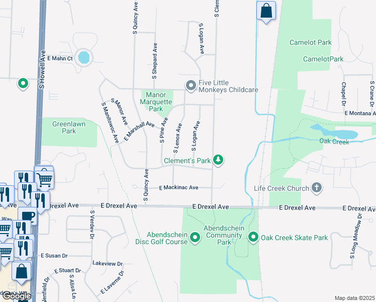 map of restaurants, bars, coffee shops, grocery stores, and more near 7707 South Logan Avenue in Oak Creek