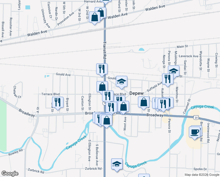 map of restaurants, bars, coffee shops, grocery stores, and more near 328 Easton Street in Depew