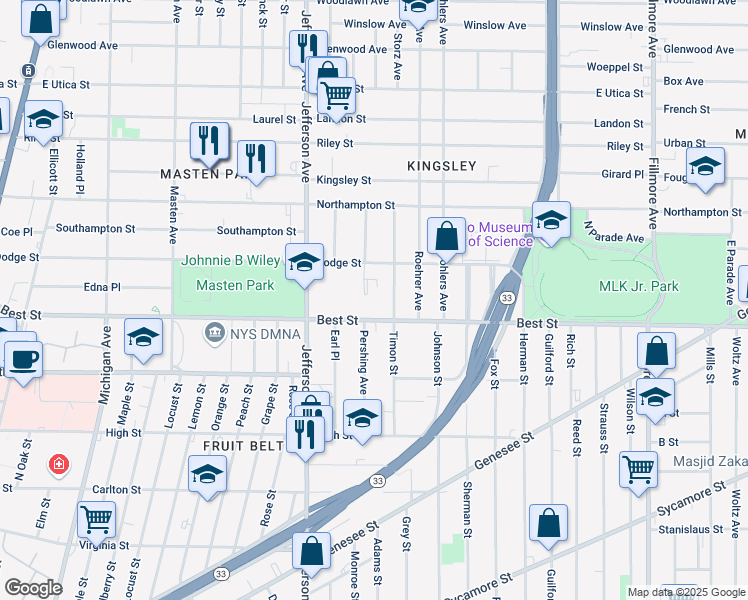 map of restaurants, bars, coffee shops, grocery stores, and more near 175 Pershing Avenue in Buffalo