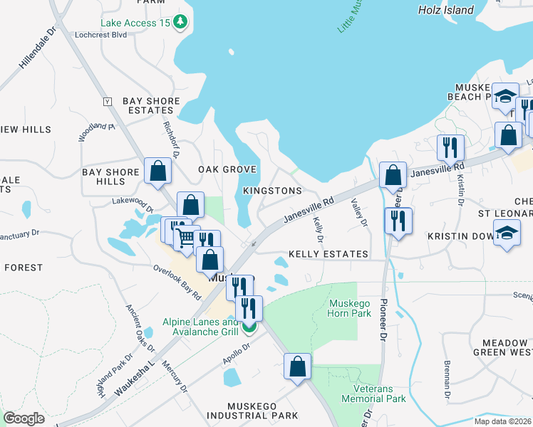 map of restaurants, bars, coffee shops, grocery stores, and more near W186S7748 Lincoln Drive in Muskego