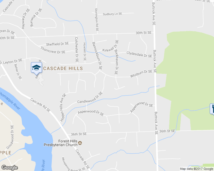 map of restaurants, bars, coffee shops, grocery stores, and more near 7674 Candlewood Dr SE in Ada