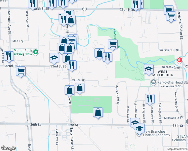 map of restaurants, bars, coffee shops, grocery stores, and more near 944 Lancashire Court Southeast in Grand Rapids