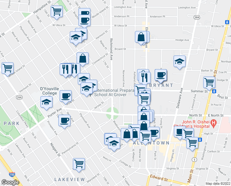 map of restaurants, bars, coffee shops, grocery stores, and more near 77 Richmond Avenue in Buffalo