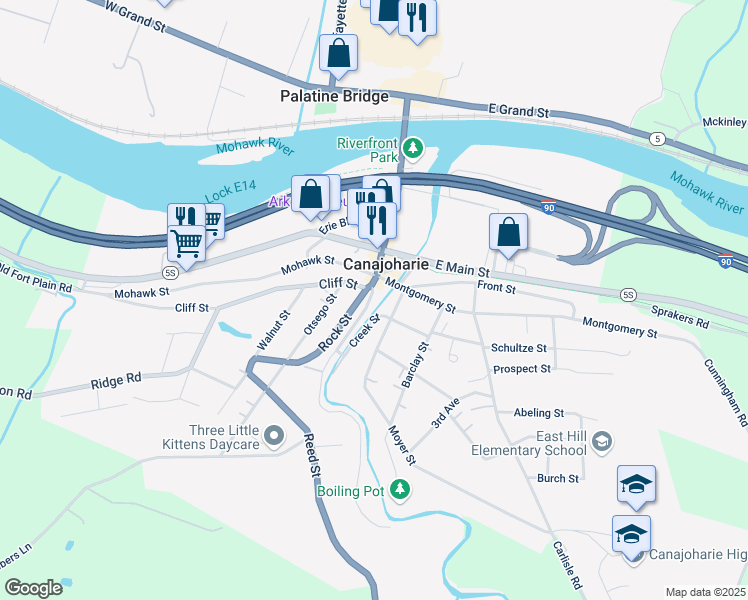 map of restaurants, bars, coffee shops, grocery stores, and more near 25 Mill Street in Canajoharie
