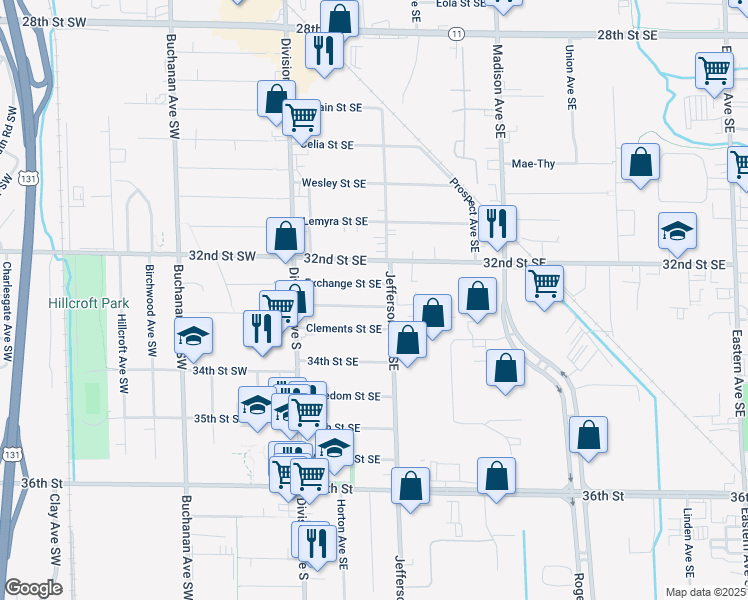 map of restaurants, bars, coffee shops, grocery stores, and more near 147 Frontenac Street Southeast in Grand Rapids