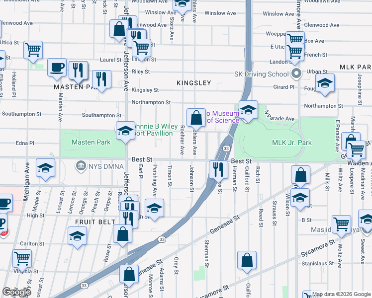 map of restaurants, bars, coffee shops, grocery stores, and more near 21 Roehrer Avenue in Buffalo