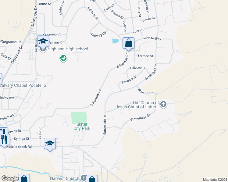 map of restaurants, bars, coffee shops, grocery stores, and more near 1509 Partridge Cove in Pocatello