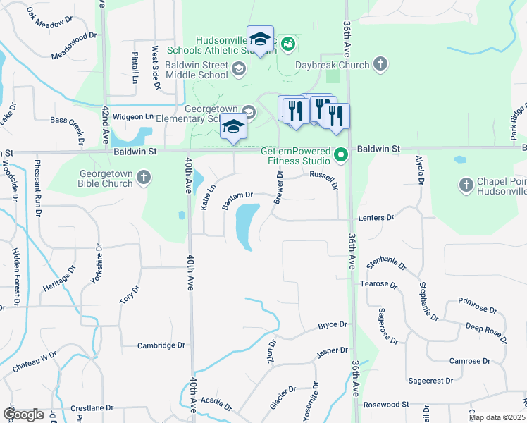 map of restaurants, bars, coffee shops, grocery stores, and more near 7441 Brewer Drive in Hudsonville