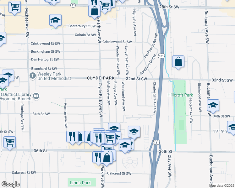 map of restaurants, bars, coffee shops, grocery stores, and more near 3258 Badger Avenue Southwest in Wyoming