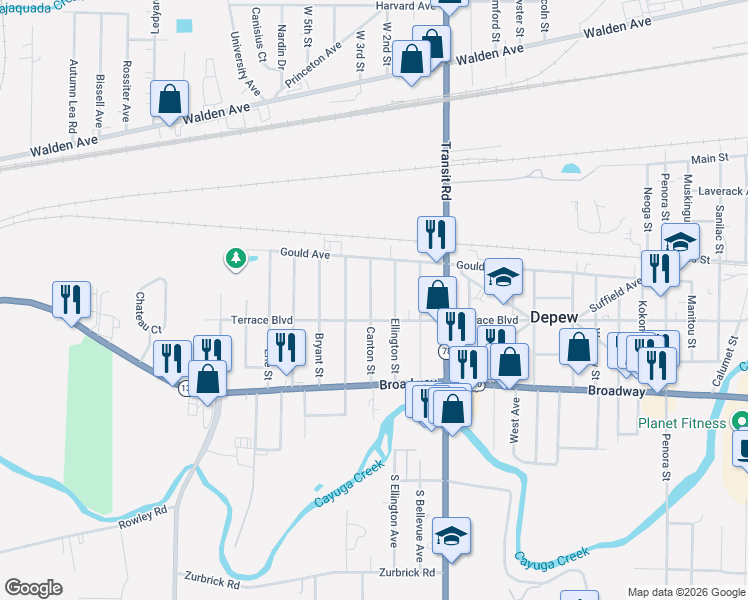 map of restaurants, bars, coffee shops, grocery stores, and more near 316 Canton Street in Depew