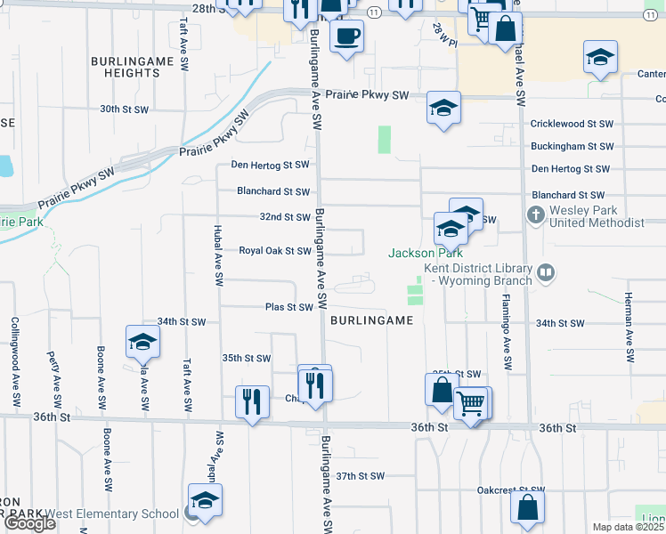 map of restaurants, bars, coffee shops, grocery stores, and more near 3260 Burlingame Avenue Southwest in Wyoming