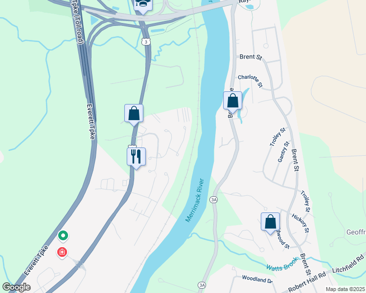 map of restaurants, bars, coffee shops, grocery stores, and more near 139 Middlesex Road in Merrimack