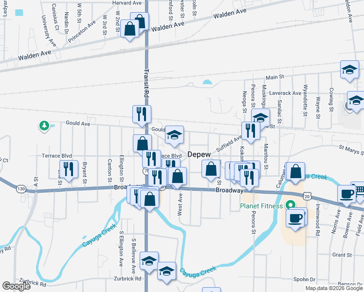map of restaurants, bars, coffee shops, grocery stores, and more near 74 Westfield Avenue in Depew