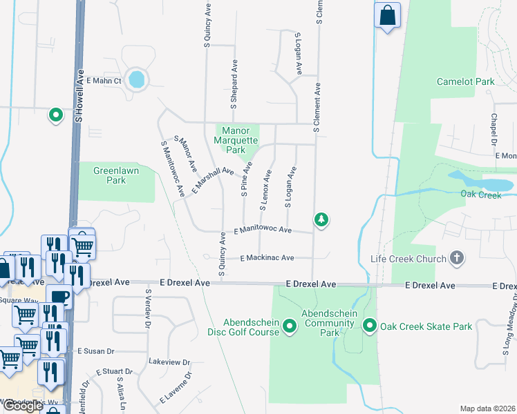 map of restaurants, bars, coffee shops, grocery stores, and more near 7707 South Lenox Avenue in Oak Creek