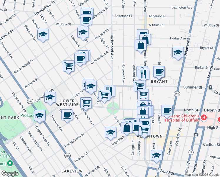 map of restaurants, bars, coffee shops, grocery stores, and more near 74 Richmond Avenue in Buffalo