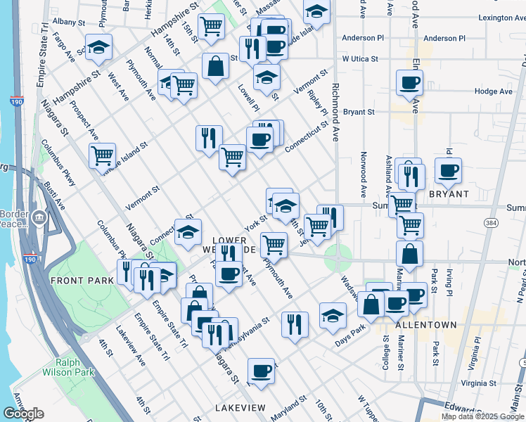 map of restaurants, bars, coffee shops, grocery stores, and more near 80 York Street in Buffalo