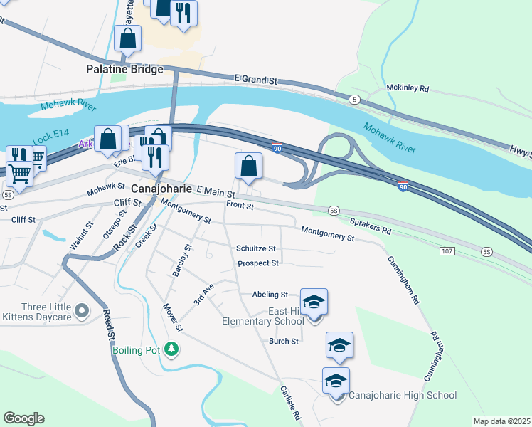 map of restaurants, bars, coffee shops, grocery stores, and more near 126 Front Street in Canajoharie