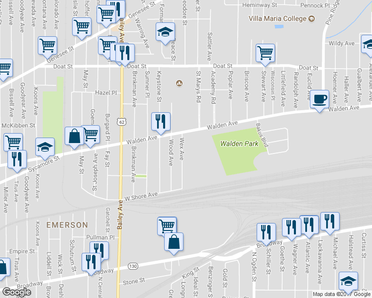 map of restaurants, bars, coffee shops, grocery stores, and more near 95 Wex Avenue in Buffalo