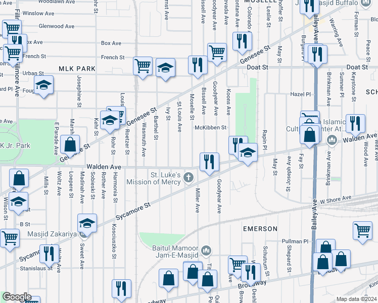 map of restaurants, bars, coffee shops, grocery stores, and more near 35 Saint Louis Avenue in Buffalo