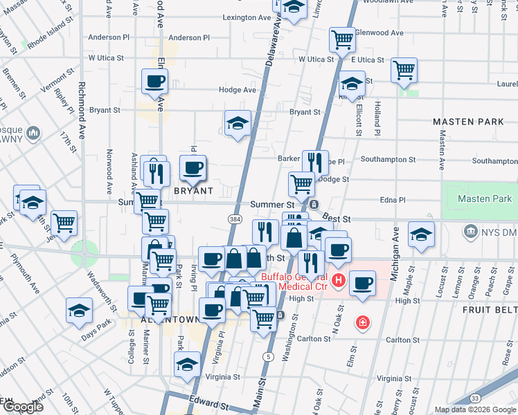 map of restaurants, bars, coffee shops, grocery stores, and more near 82 Summer Hill Lane in Williamsville