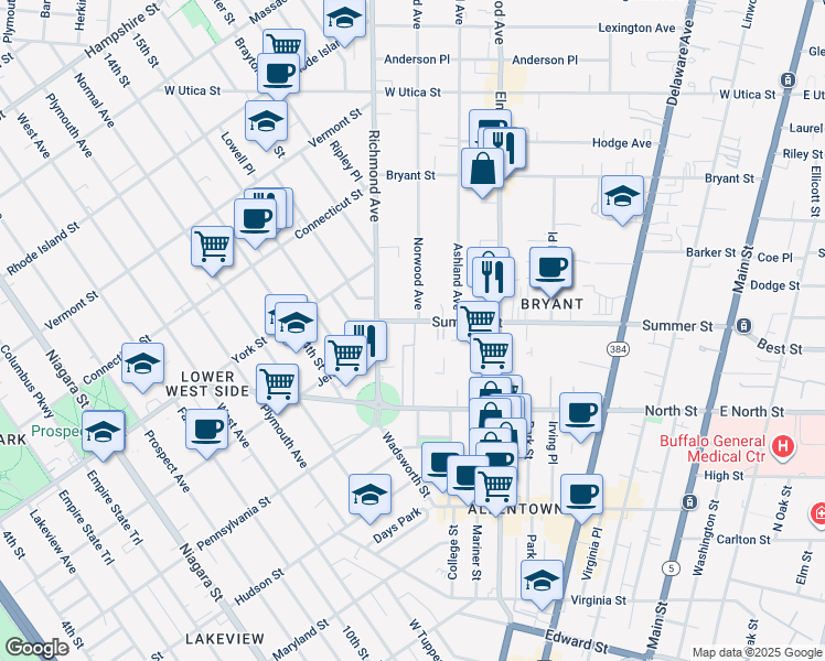 map of restaurants, bars, coffee shops, grocery stores, and more near 320 Summer Street in Buffalo