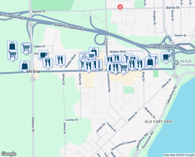 map of restaurants, bars, coffee shops, grocery stores, and more near in Fort Erie