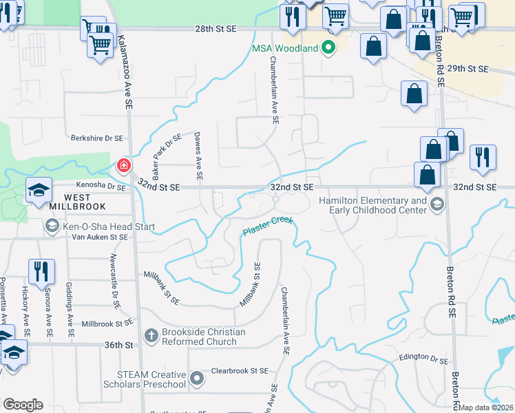 map of restaurants, bars, coffee shops, grocery stores, and more near 1950 32nd Street Southeast in Grand Rapids