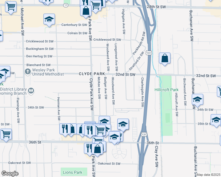 map of restaurants, bars, coffee shops, grocery stores, and more near 3258 Badger Avenue Southwest in Wyoming