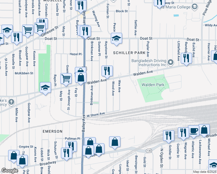 map of restaurants, bars, coffee shops, grocery stores, and more near 101 Keystone Street in Buffalo