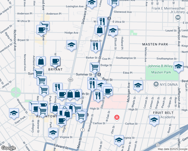 map of restaurants, bars, coffee shops, grocery stores, and more near 1130 Main Street in Buffalo