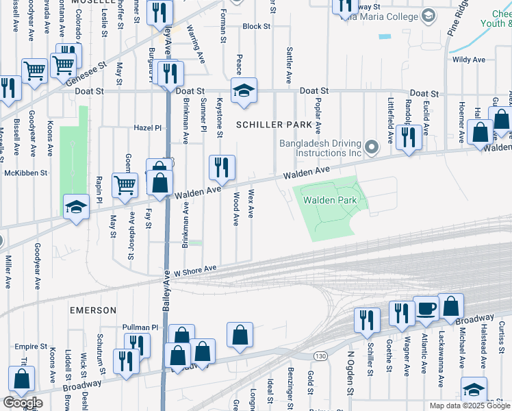 map of restaurants, bars, coffee shops, grocery stores, and more near 95 Wex Avenue in Buffalo