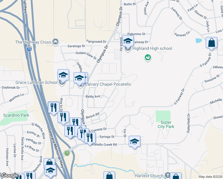 map of restaurants, bars, coffee shops, grocery stores, and more near 1655 Pocatello Bench Rd in Pocatello