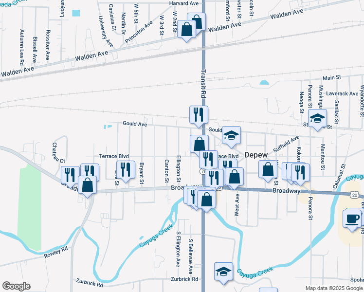 map of restaurants, bars, coffee shops, grocery stores, and more near 355 Ellington Street in Depew